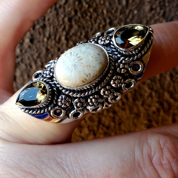 New Fossil Coral & Smoky Topaz 925 Silver Ring. - Picture 12 of 16